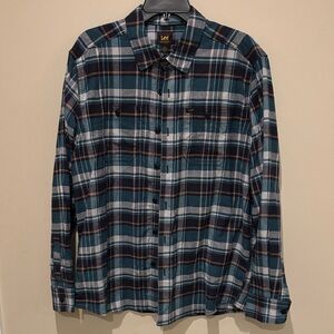 Lee Men's Teal and Navy Plaid Button-Down Shirt